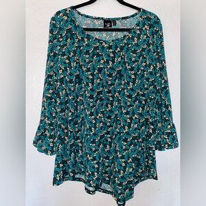Rafaella Teal and Black Leaf Print Blouse